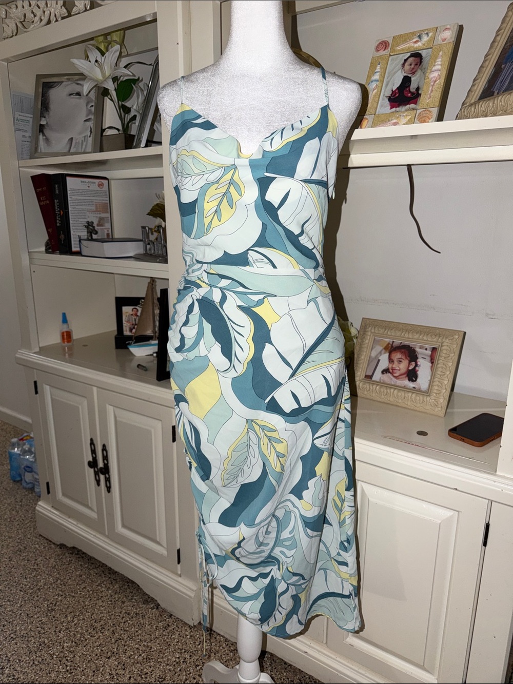 Forever 21 Tropical Leaf Slip Midi Dress in Teal, Yellow & White